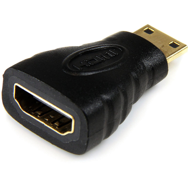 Side view of black HDMI to Mini HDMI adapter showing gold-plated connector and HDMI port