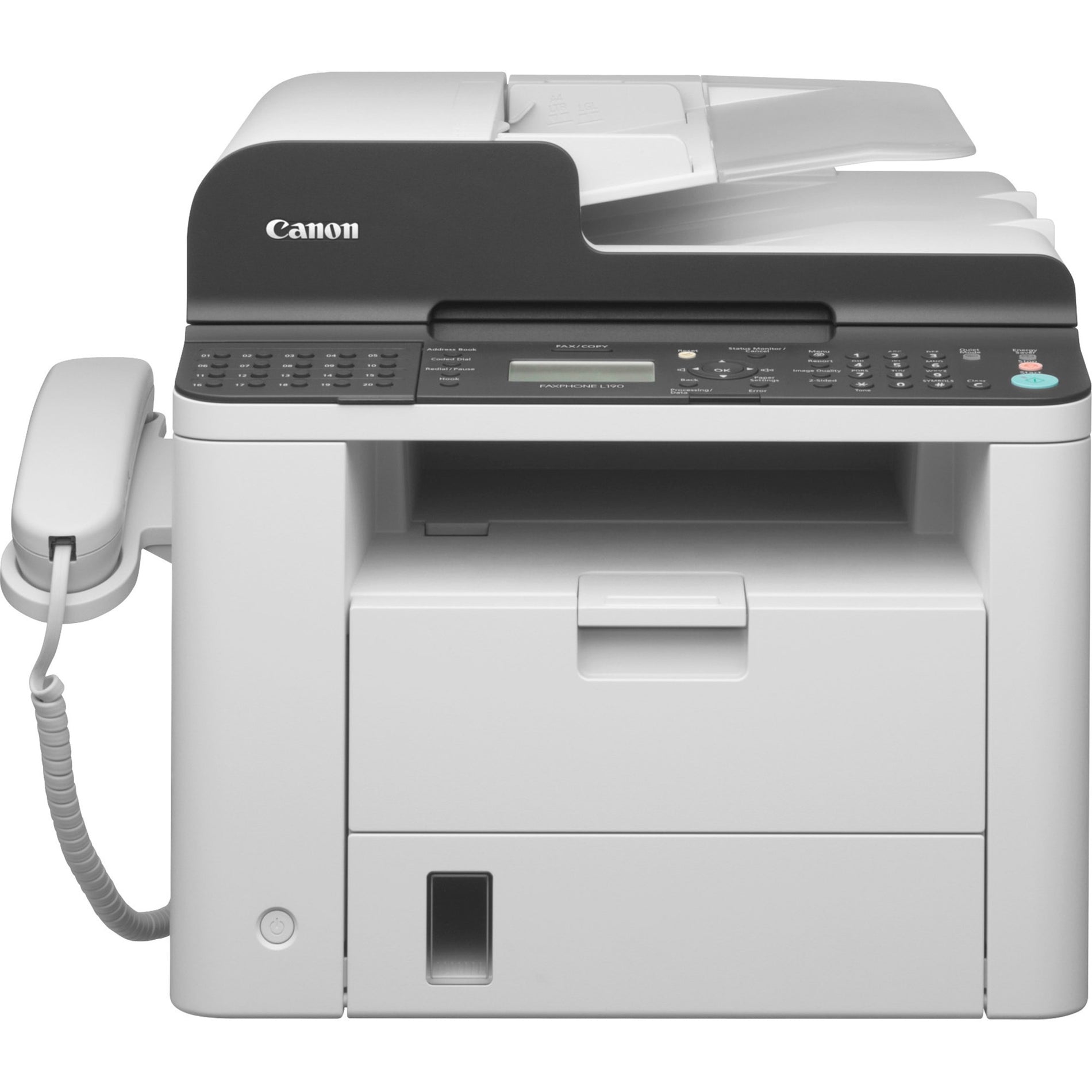 Front view of Canon FAXPHONE L190 multifunction laser printer with integrated telephone handset and control panel-alternate-image1