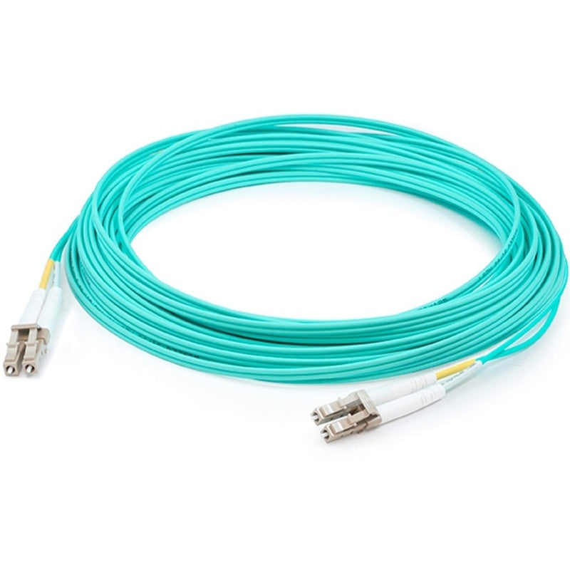 3-meter aqua OM4 fiber optic patch cable with LC connectors coiled to show full length