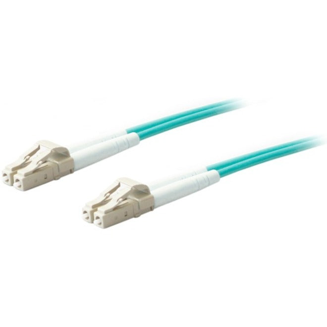 Close-up view of LC connector ends on OM4 fiber patch cable showing duplex design