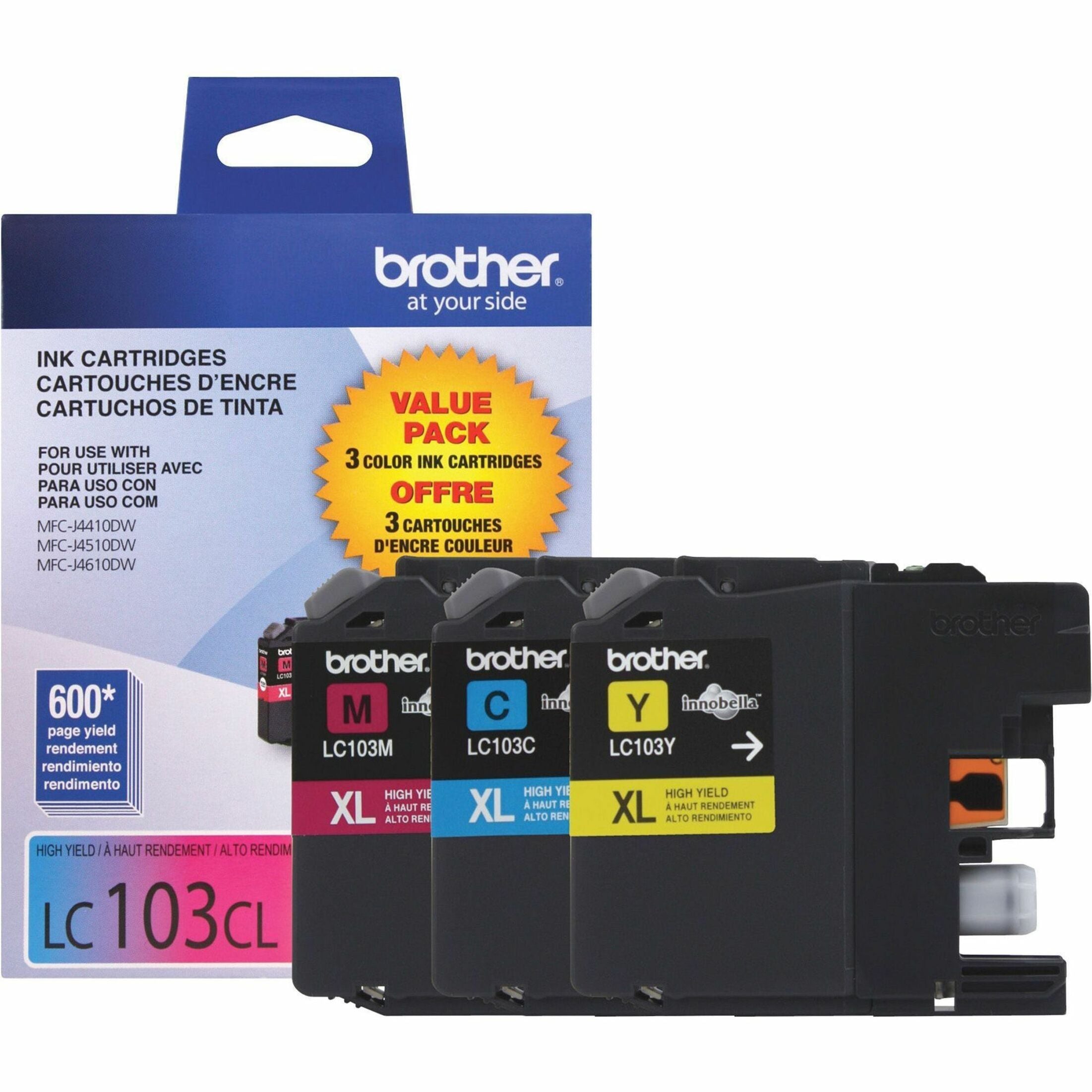 Brother Innobella LC1033PKS High-Yield Ink Cartridges, Cyan/Magenta/Yellow Tri-Pack, 600 Pages Each, Enhanced Color Quality, Compatible with MFC-J Series Printers (1 Year Warranty)