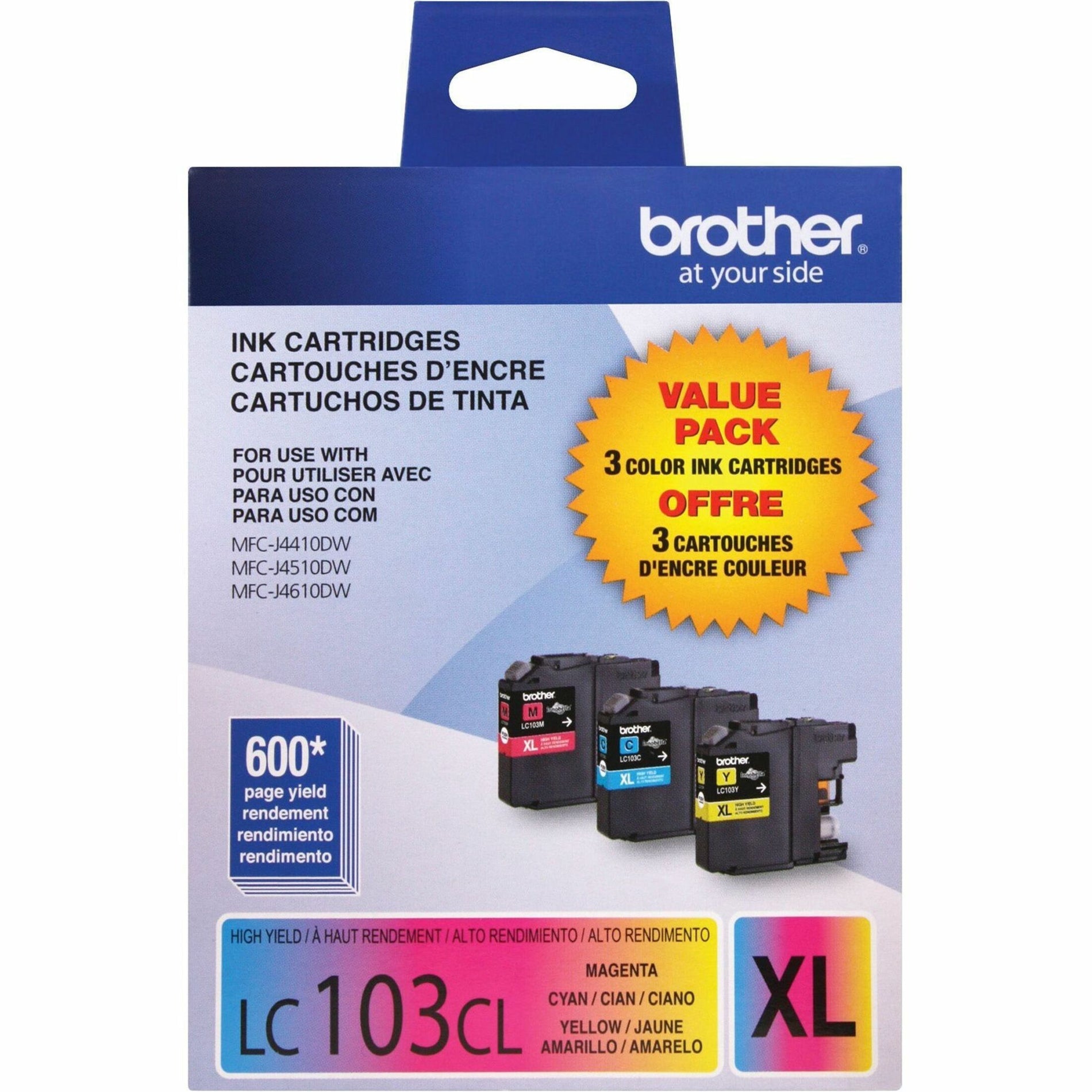 Front view of Brother LC103CL XL color ink cartridge value pack highlighting product features and benefits-alternate-image5