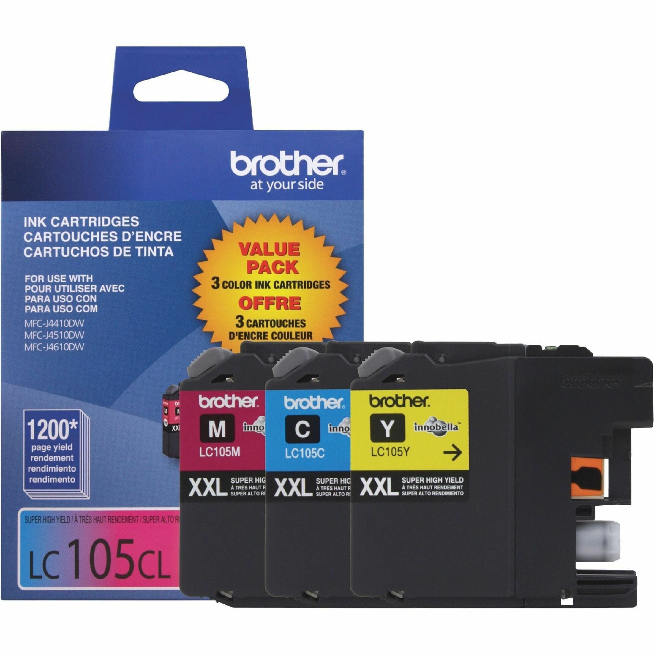 Brother Innobella High Yield Original Ink Cartridge, 1200-Page Yield, Cyan/Magenta/Yellow, 3-Pack, Compatible with MFC-J4410DW/J4510DW/J4610DW Series - LC1053PKS (1 Year Warranty)