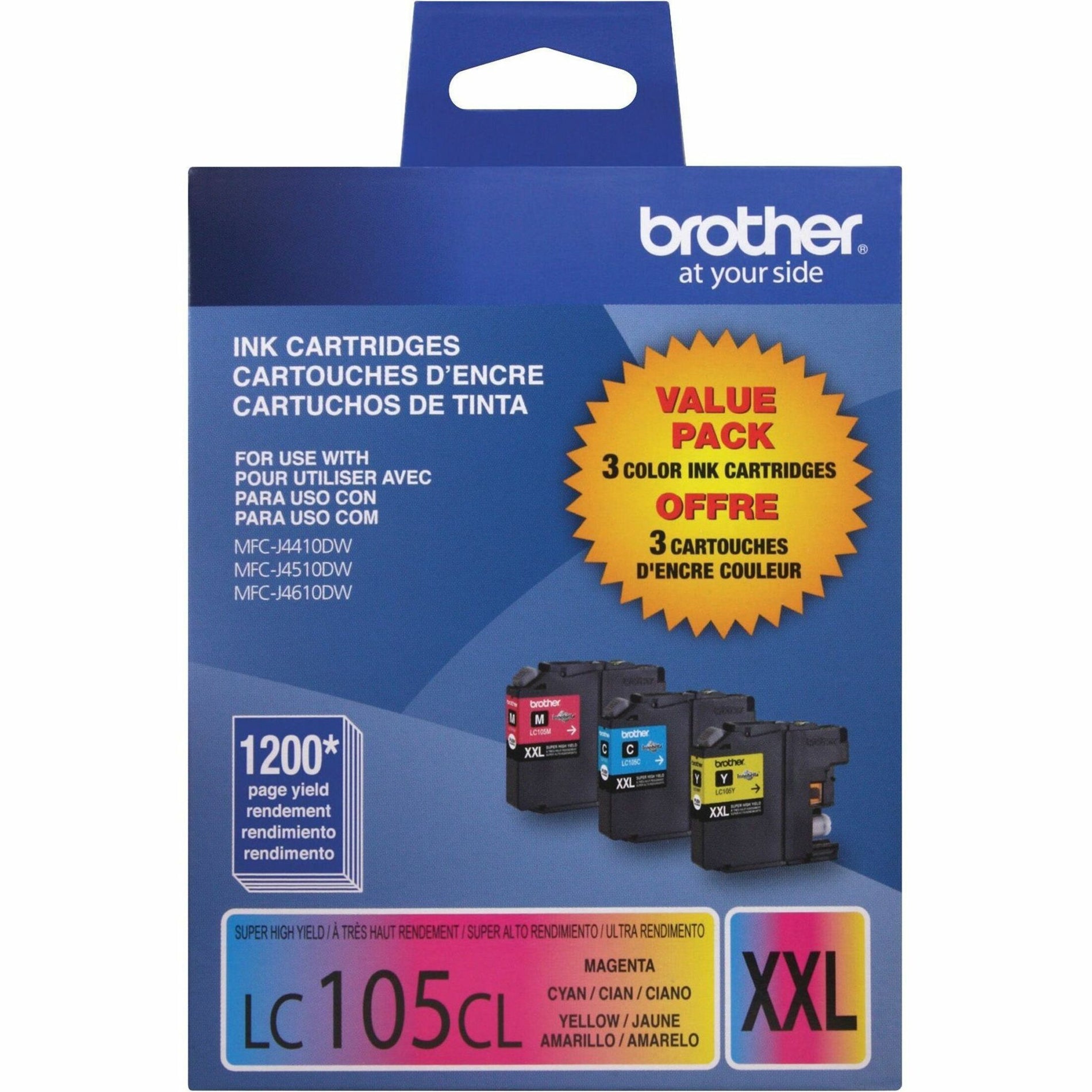 Front view of Brother LC1053PKS packaging showing value pack details and printer compatibility-alternate-image4