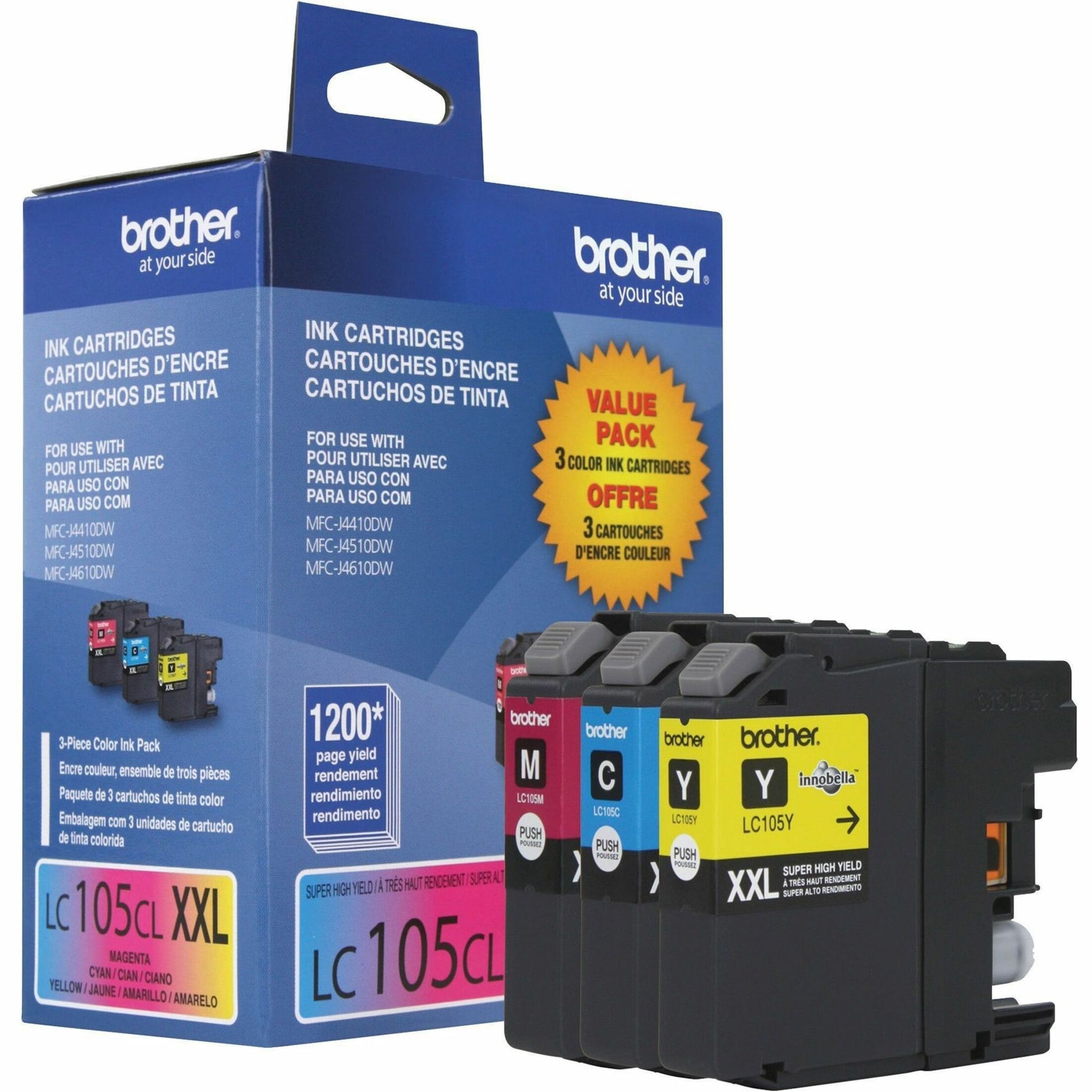 Side view of Brother LC1053PKS ink cartridge pack showing three XXL cartridges and product specifications-alternate-image2