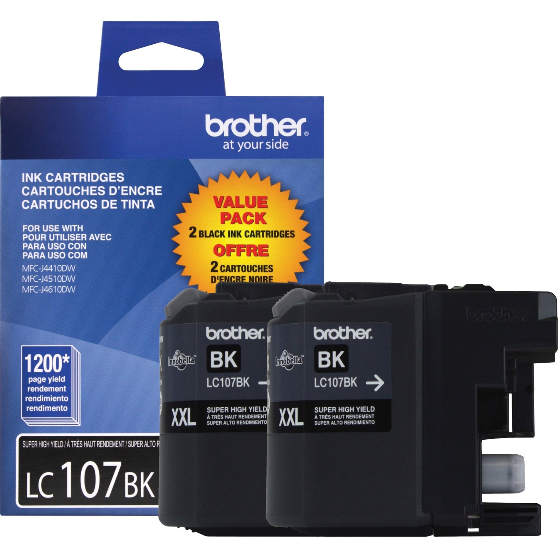 Brother LC1072PKS dual pack of black ink cartridges with packaging showing 1200-page yield and compatibility information-alternate-image1