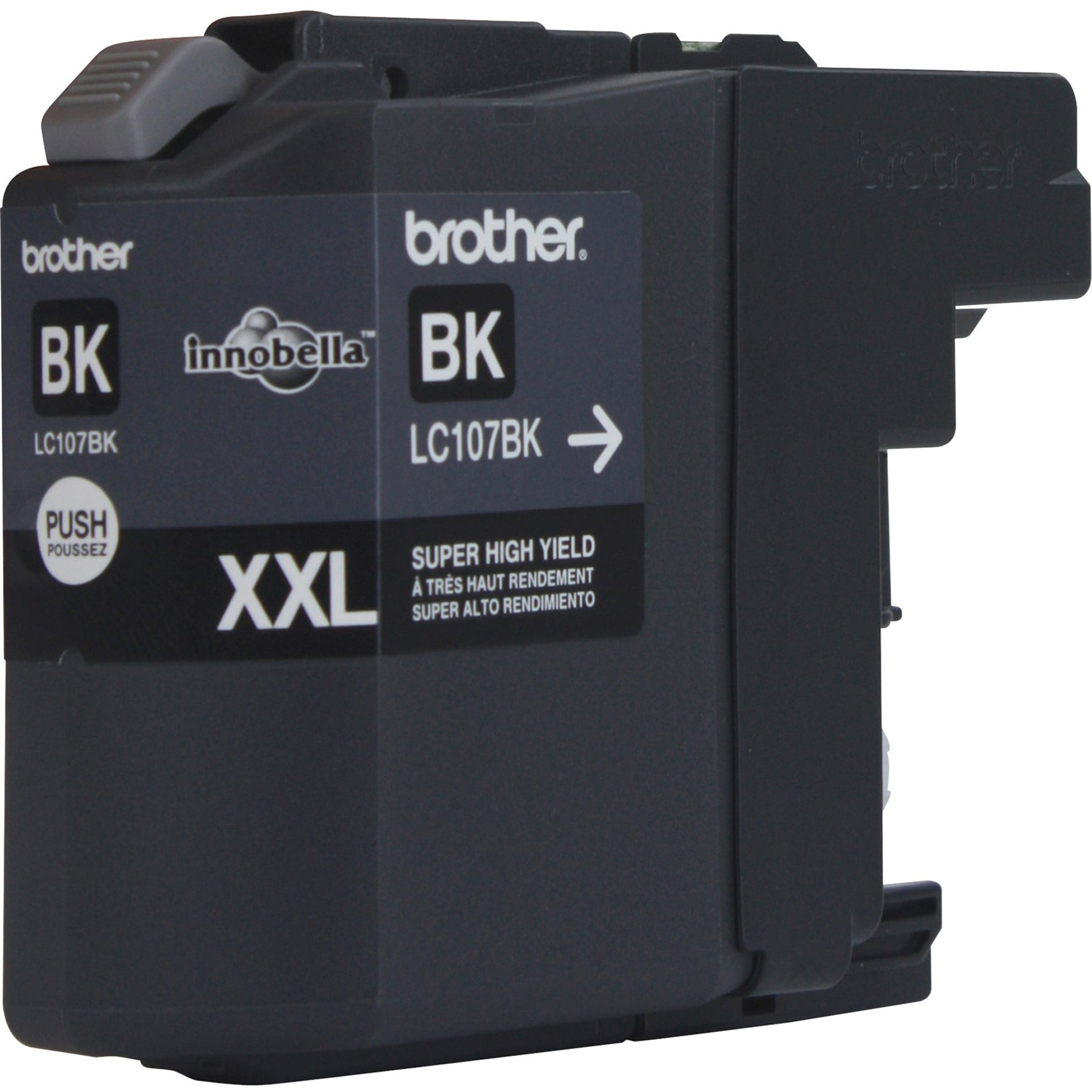 Close-up view of Brother LC107BK black ink cartridge showing model number and XXL capacity designation-alternate-image2