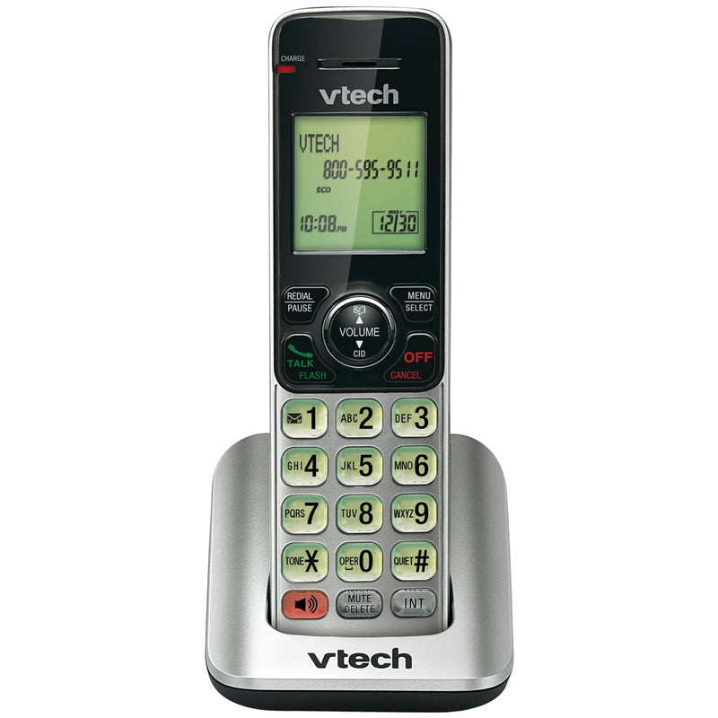 Front view of VTech CS6609 cordless phone showing control buttons, numeric keypad, and charging stand