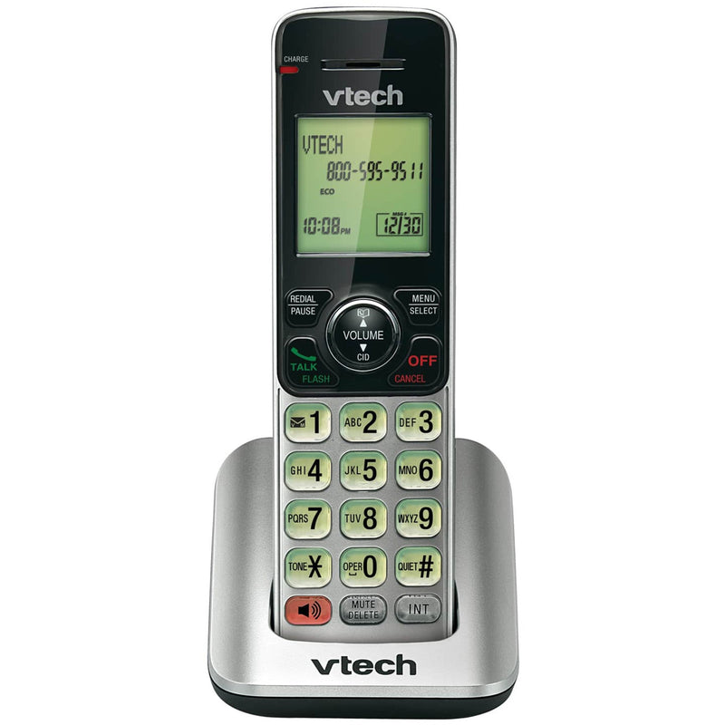 VTech CS6609 cordless handset showing illuminated LCD screen with backlit keypad and charging base