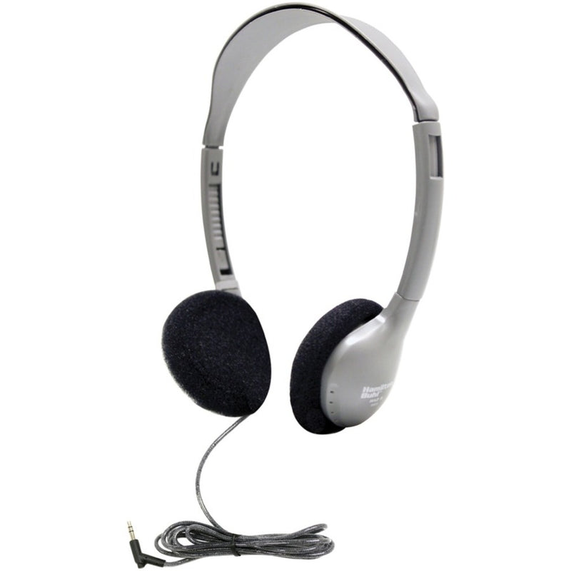 Hamilton Buhl HA2 headphone side view showing silver frame, black ear cushions, and braided cable with 3.5mm connector