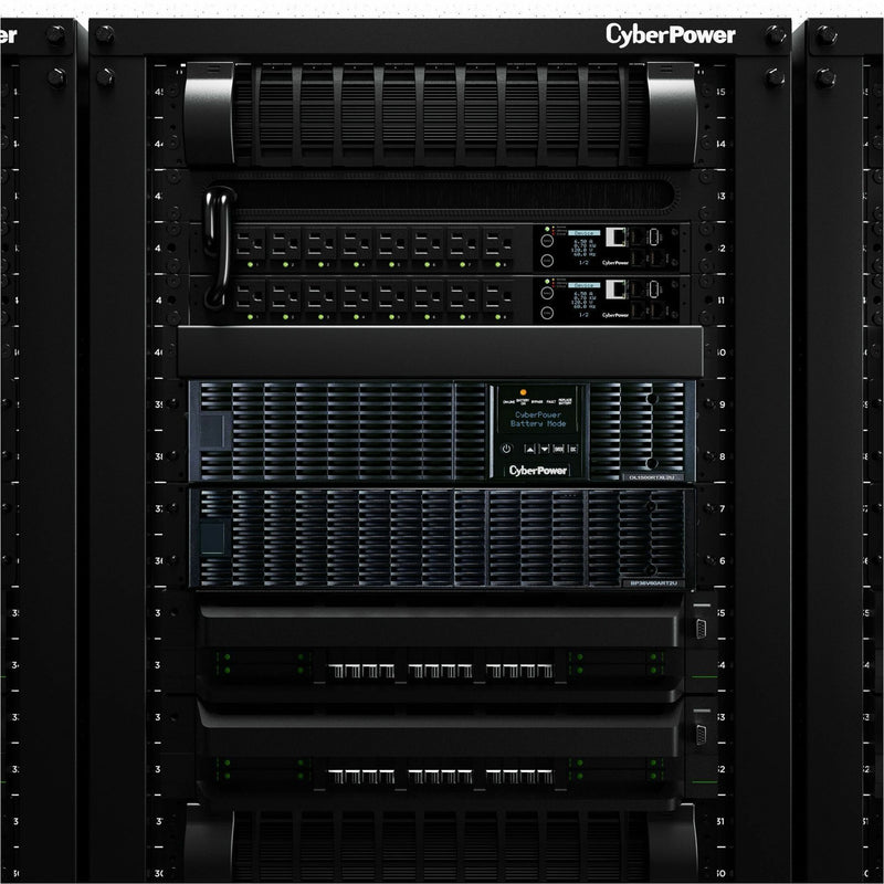 Full rack installation view showing BP36V60ART2U integrated with UPS system