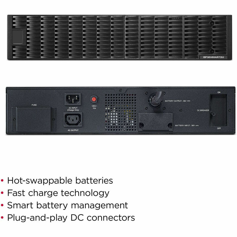 Composite image showing key features of the CyberPower BP36V60ART2U battery module