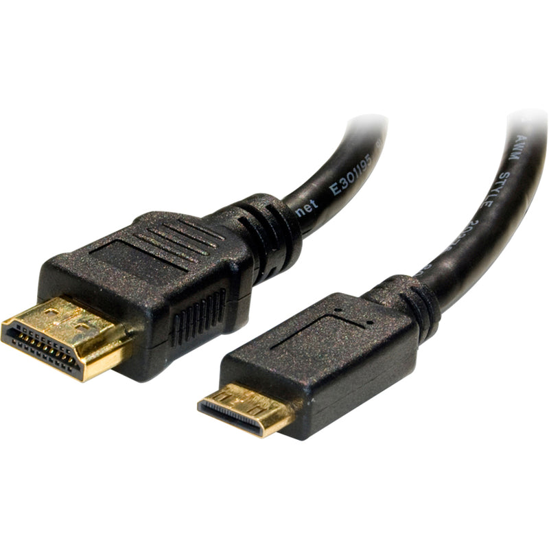 Close-up view of Mini HDMI and standard HDMI connectors with gold-plated terminals on black cable