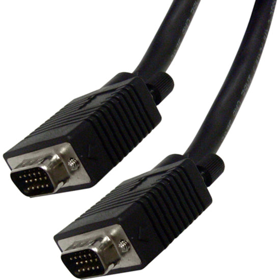 Close-up view of black VGA cable connectors with HD-15 male pins and molded strain relief