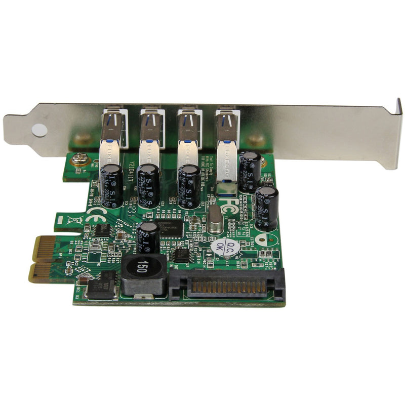 Detailed view of StarTech.com USB 3.0 controller card PCB showing electronic components and circuitry