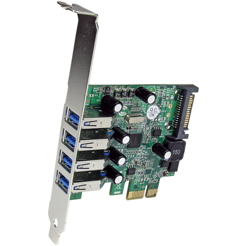 Angled view of StarTech.com USB 3.0 PCIe card showing circuit board components and port layout