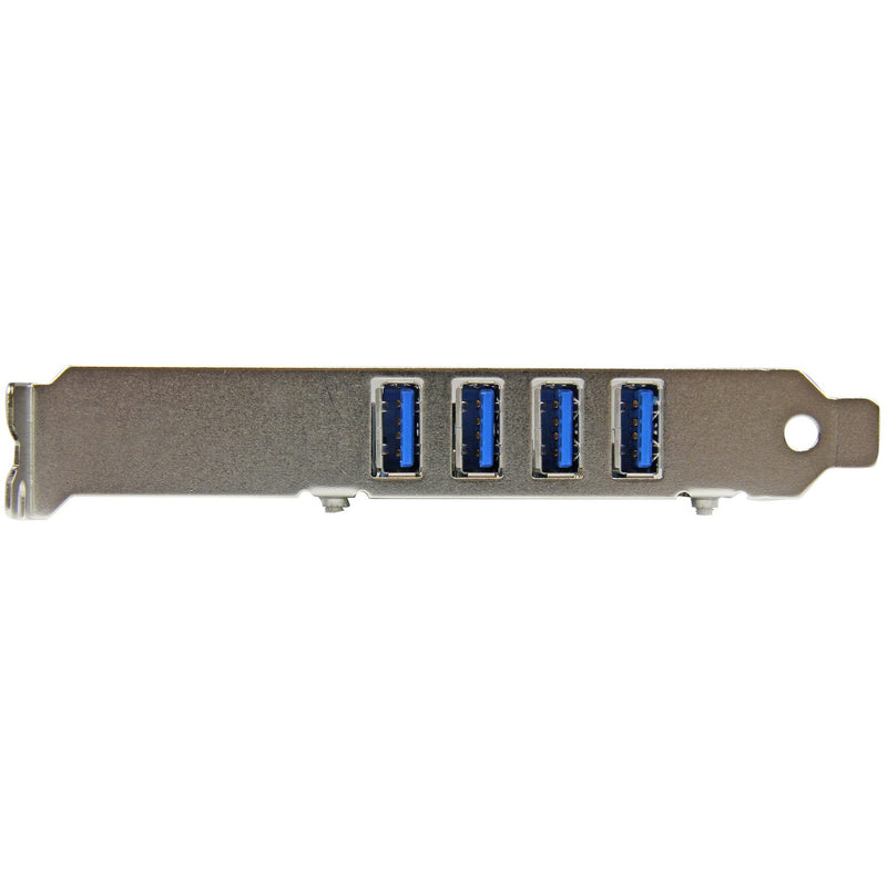 Front view of StarTech.com PCIe card showing four USB 3.0 ports in silver mounting bracket