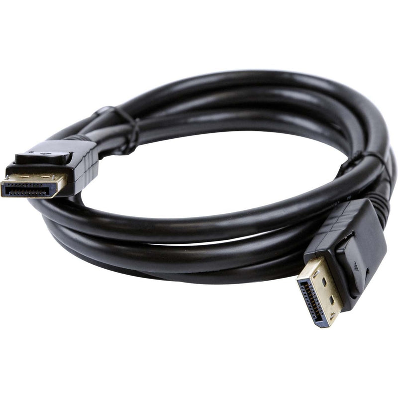 6-foot black DisplayPort cable with gold-plated male connectors on both ends, coiled in a curved position showing connector detail