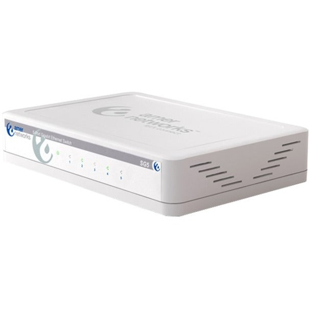 Amer SG5 5-port gigabit ethernet switch in white showing LED indicators and ventilation design