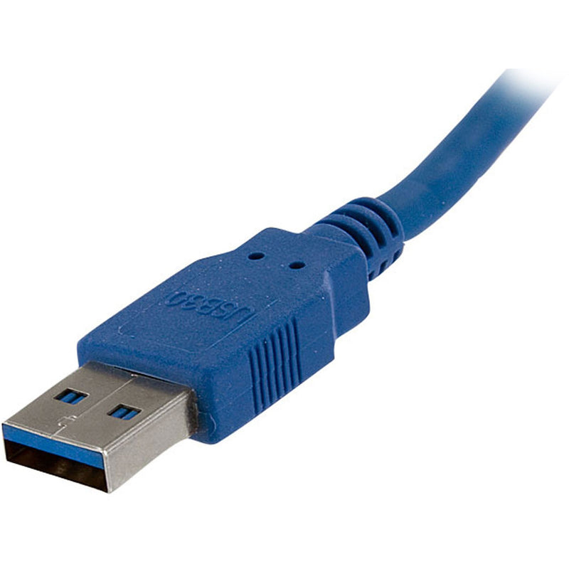 Close-up of USB 3.0 male connector showing metal contacts and blue plastic housing design