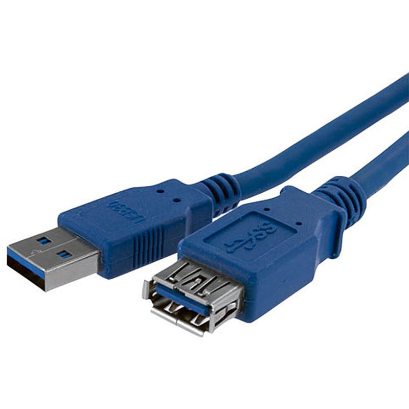 Close-up view of StarTech.com USB 3.0 extension cable showing male and female Type A connectors with blue housing