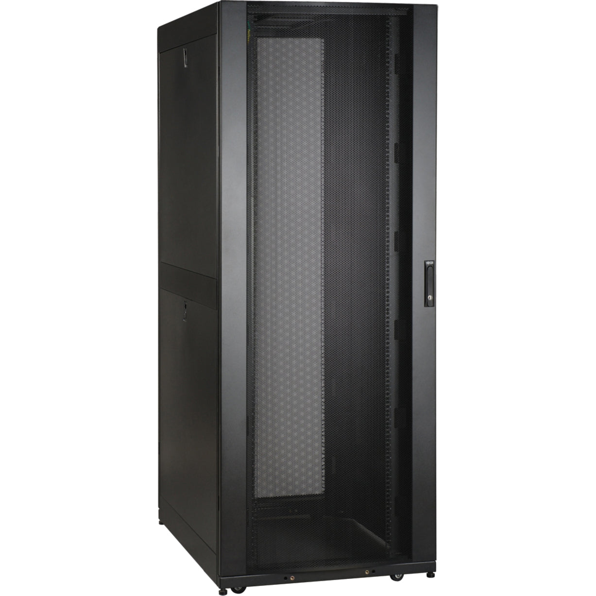 Front view of Tripp Lite SR42UBWDVRT 42U server rack cabinet with perforated mesh door-alternate-image1