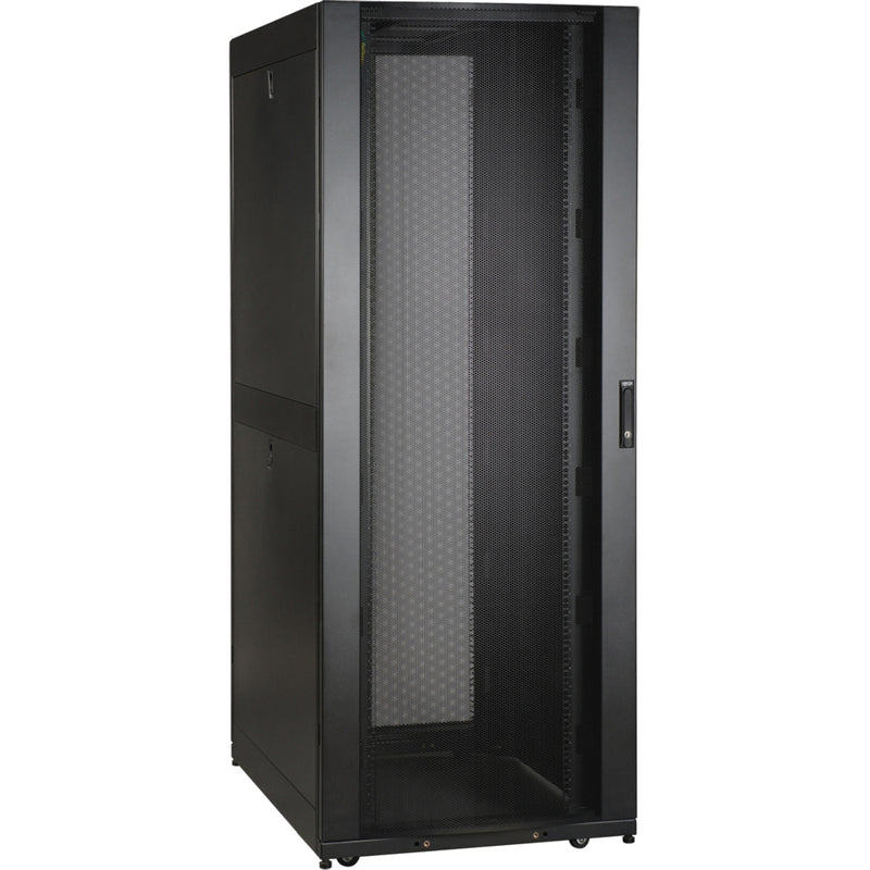 Front view of Tripp Lite SR42UBWDVRT 42U server rack cabinet with perforated mesh door