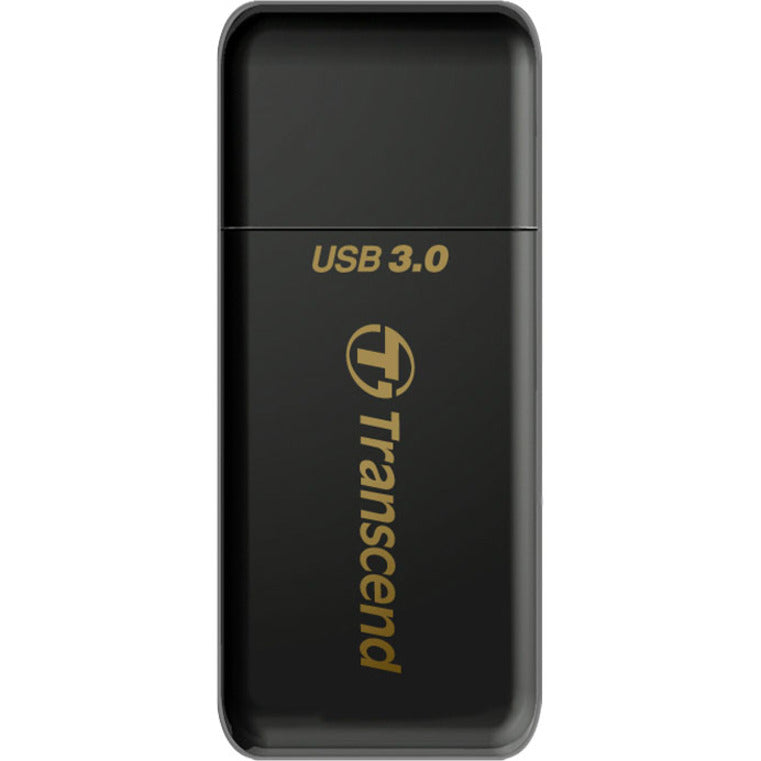 Front view of Transcend RDF5 USB 3.0 card reader in black with gold branding