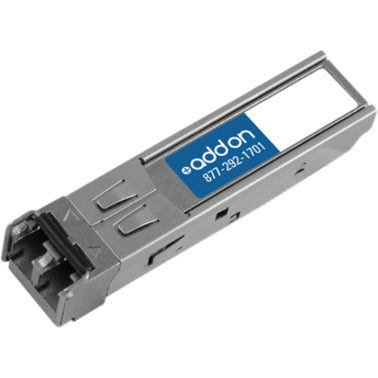 Angled perspective of AddOn SFP+ transceiver showing metal housing and AddOn branding-alternate-image2