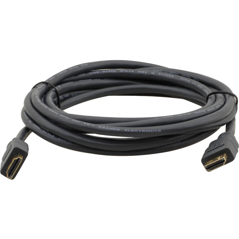 Kramer C-MHM/MHM-25 black flexible HDMI cable with gold-plated connectors, coiled view showing 25-foot length