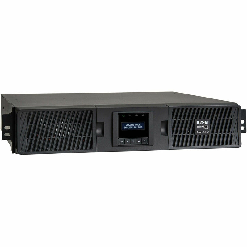 Side angle view of Tripp Lite SU750RTXLCD2U showing 2U rack profile and ventilation system