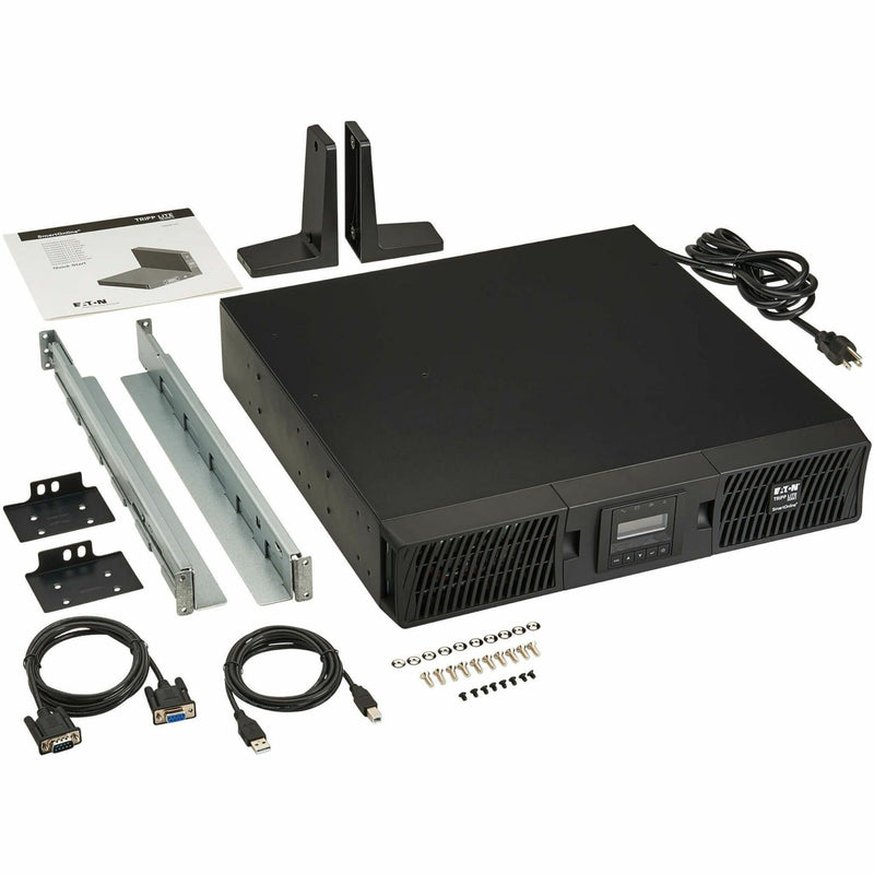 Complete package contents of Tripp Lite SU750RTXLCD2U UPS system including mounting hardware, cables, and documentation