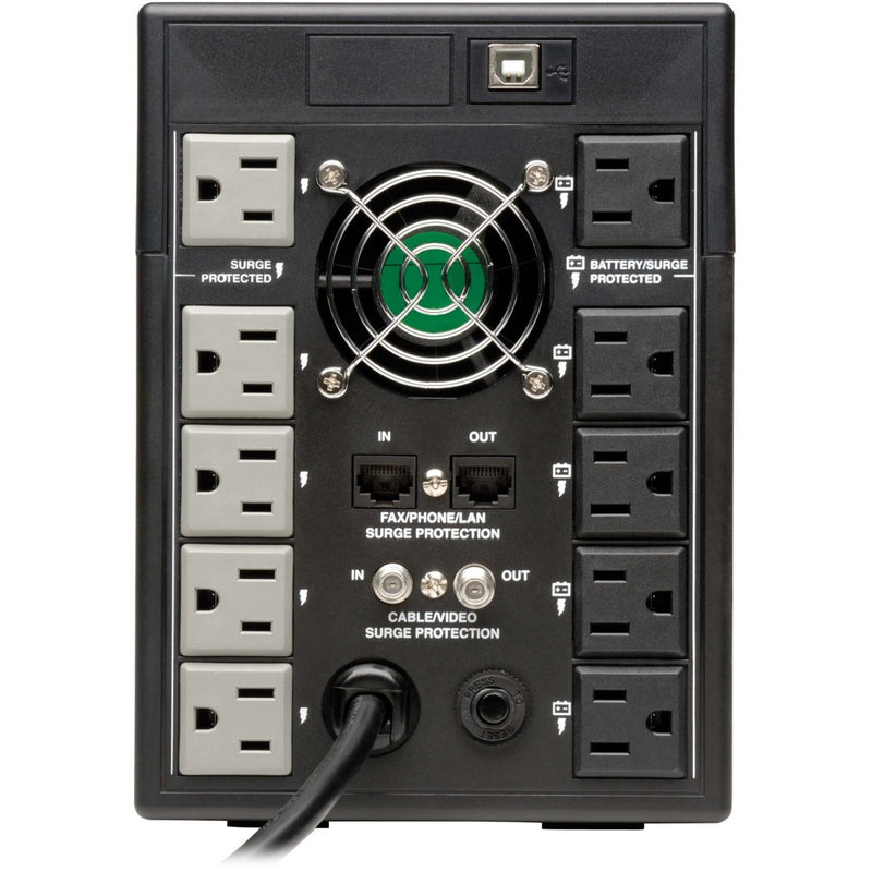 Rear panel view of Tripp Lite OMNI1500LCDT showing outlets, ports, and cooling system