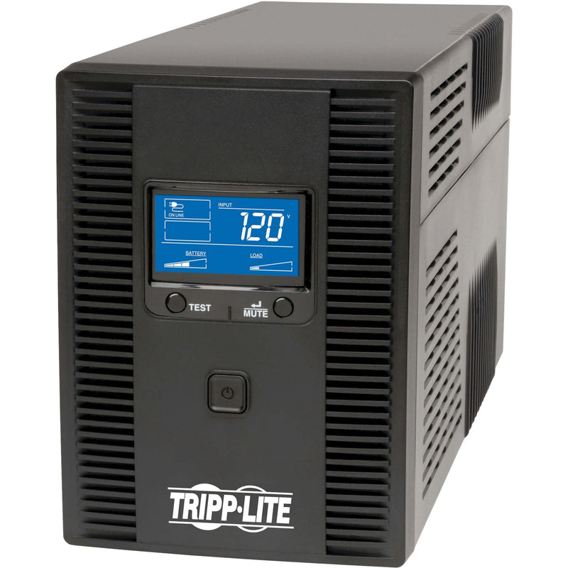 Front view of Tripp Lite OMNI1500LCDT UPS showing LCD display panel with power monitoring information