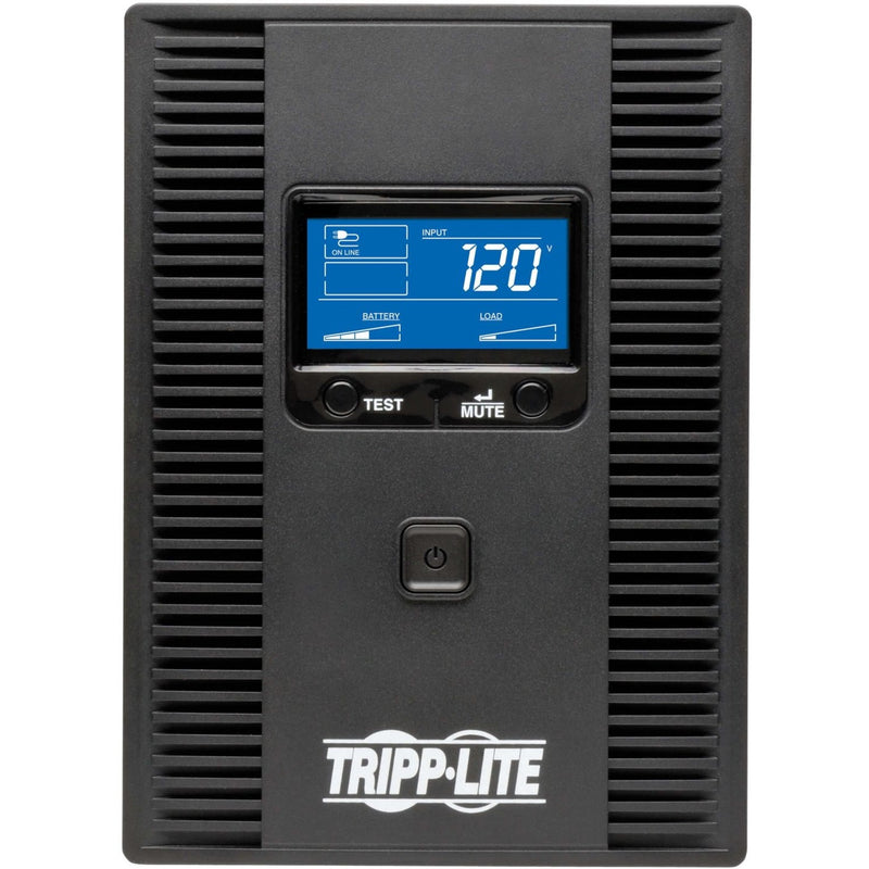 Close-up view of Tripp Lite OMNI1500LCDT control panel showing LCD screen and control buttons