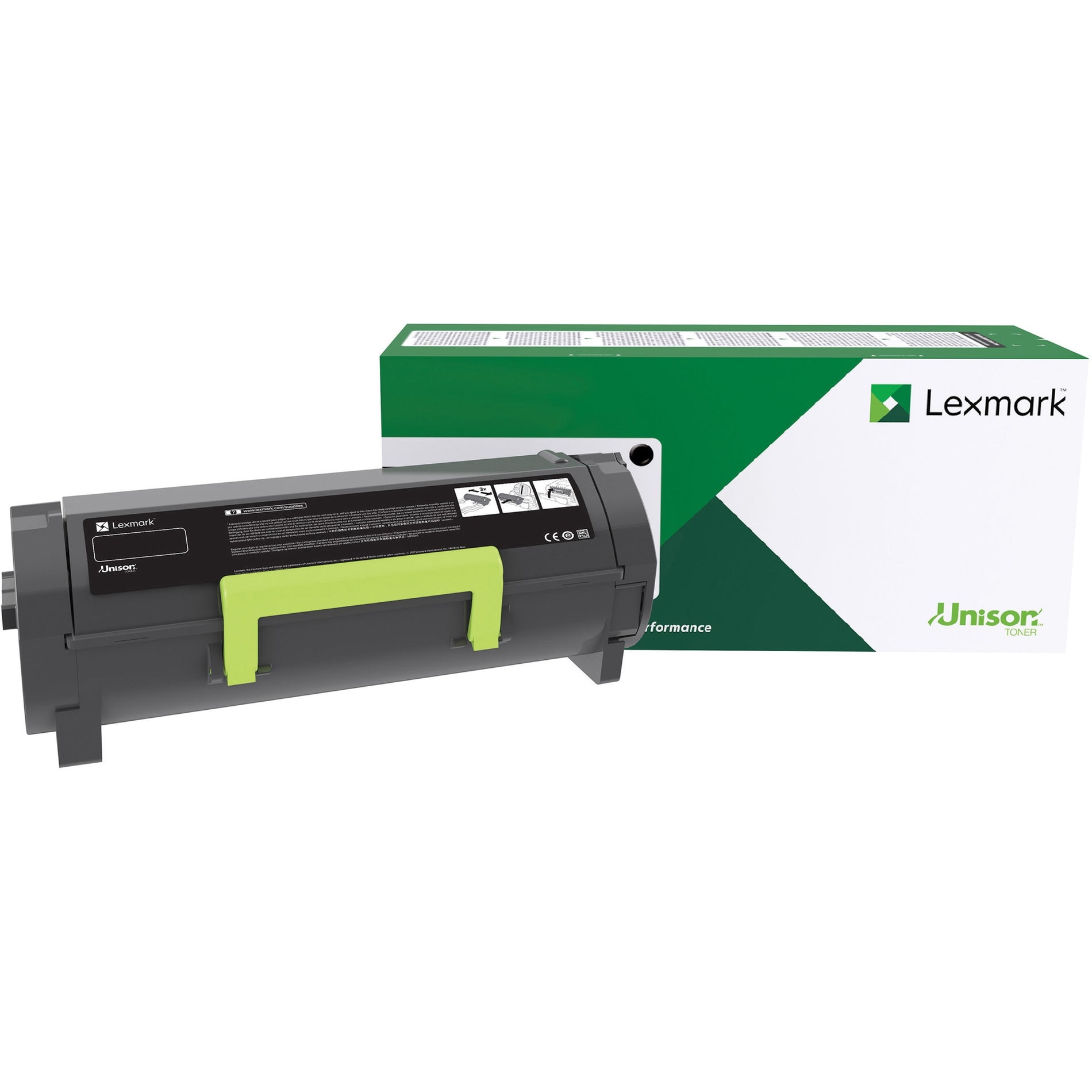 Lexmark 60F1000 Unison black toner cartridge with green accent handle shown next to its retail packaging-alternate-image1