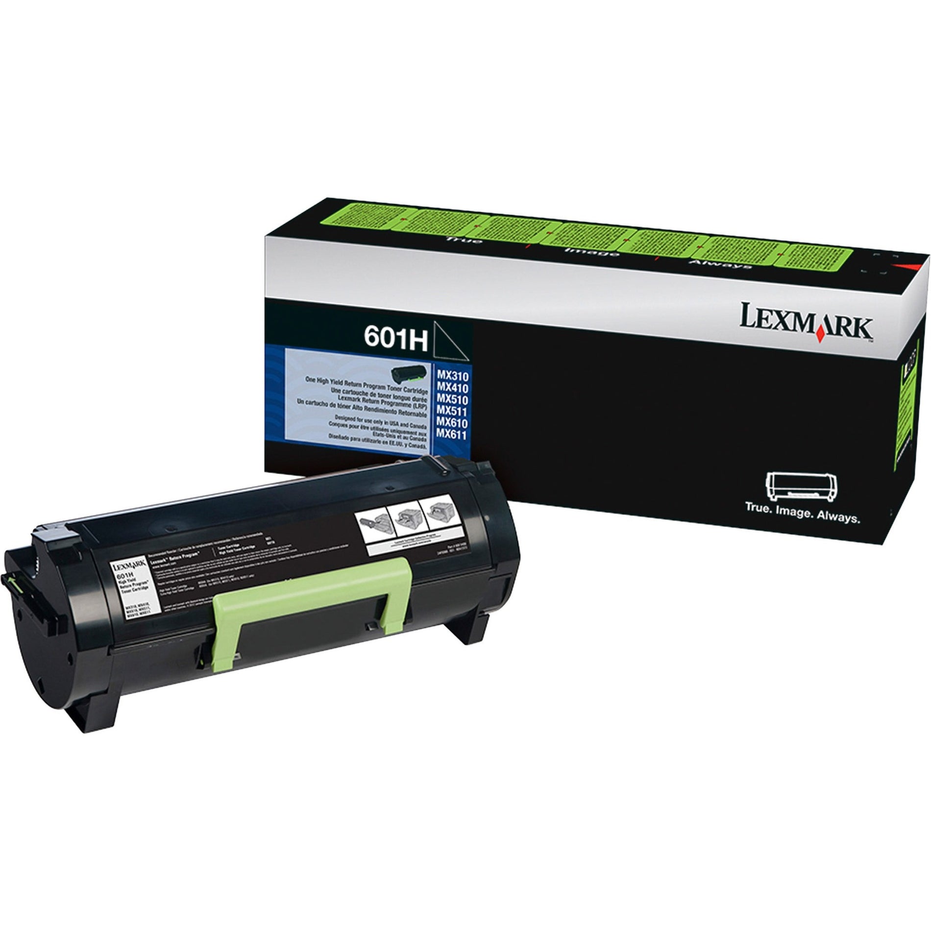 Lexmark 601H high-yield black toner cartridge and retail packaging showing compatibility with MX series printers-alternate-image1