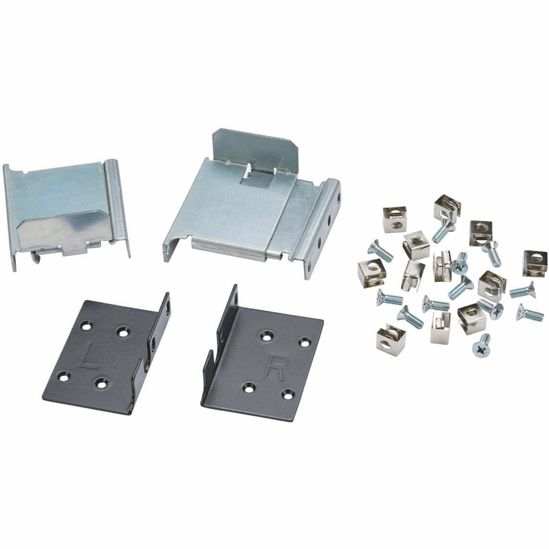 Eaton RK2PC 2-post rack mount kit components including silver brackets, black mounting plates, and installation hardware