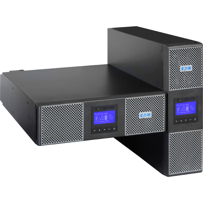 Eaton 9PX6K UPS shown in both rack mount and tower orientations with LCD display panels and ventilated front grilles