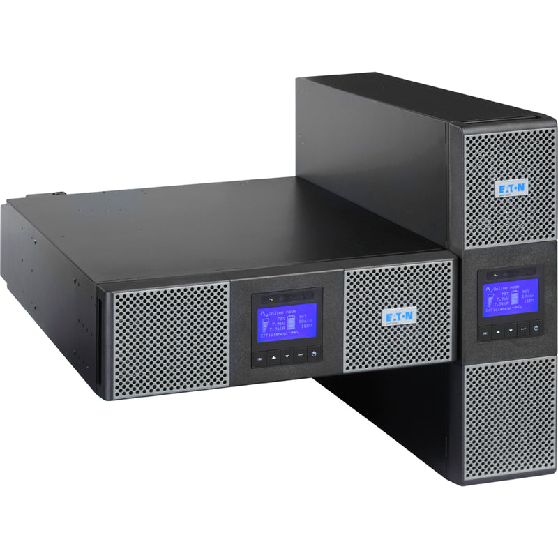 Eaton 9PX5KP2 5kVA UPS system showing rack-mount configuration with dual LCD displays and ventilated front panels