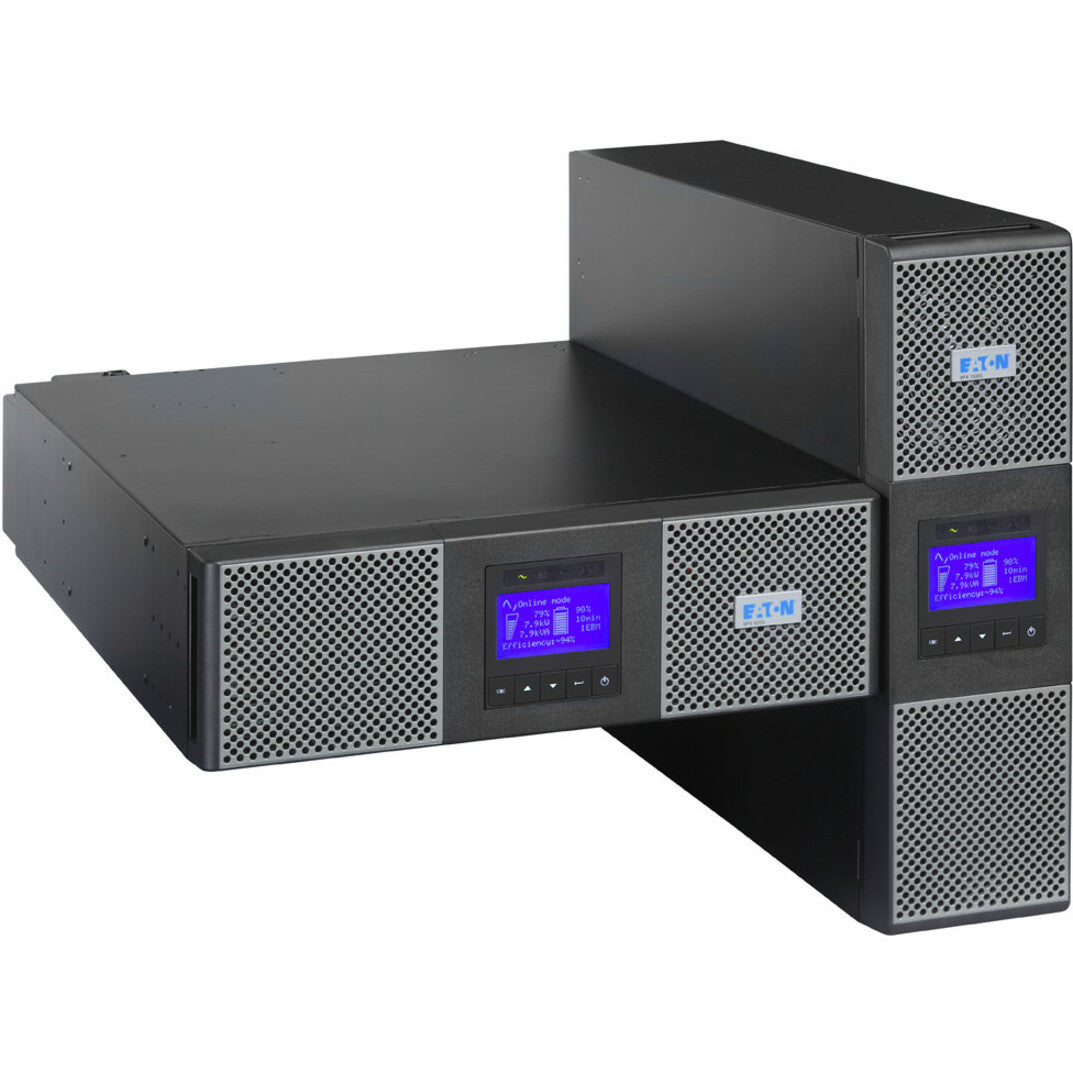 Eaton 9PX6KP1 6kVA UPS system showing dual LCD displays and rack-mount form factor with mesh ventilation panels-alternate-image1