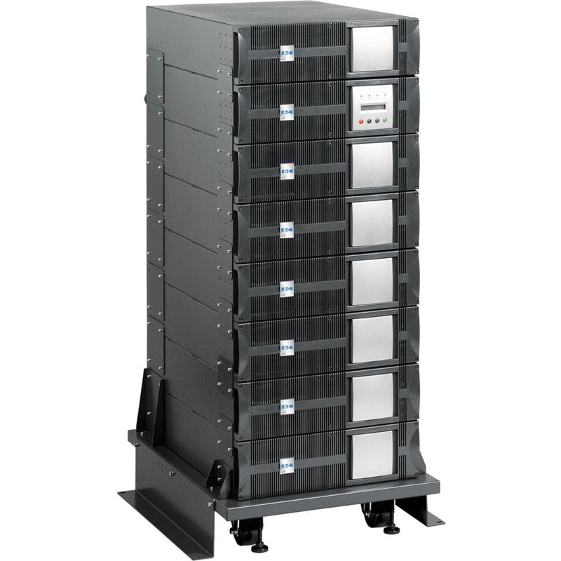 Eaton BINTSYS Battery Integration System showing vertically stacked UPS modules on a mobile cart with heavy-duty casters