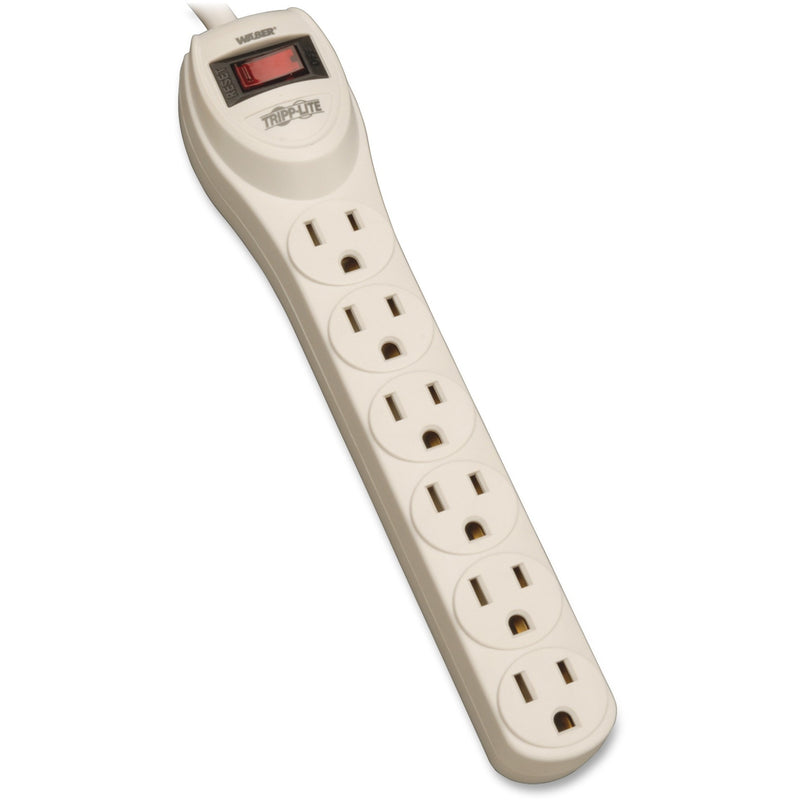 Tripp Lite PS6 6-outlet power strip in light gray with illuminated power switch and evenly spaced outlets