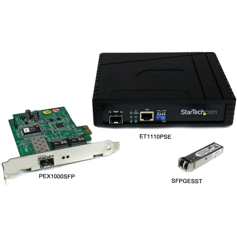 SFPGESST module shown with compatible networking equipment including PEX1000SFP and ET1110PSE