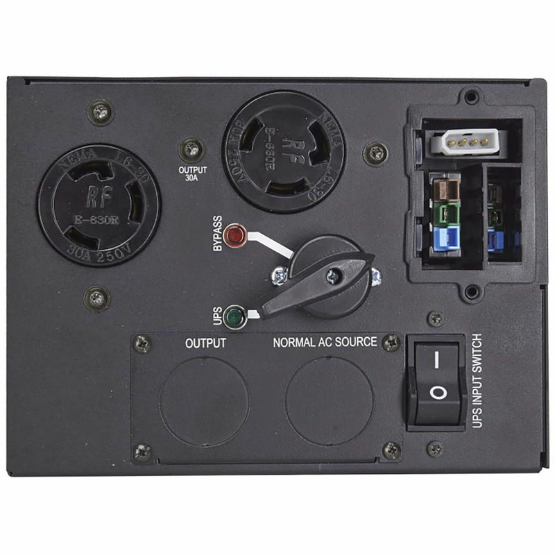 Front control panel of Eaton MBP6K208 bypass switch showing NEMA outlets, status indicators, and mode selection switch