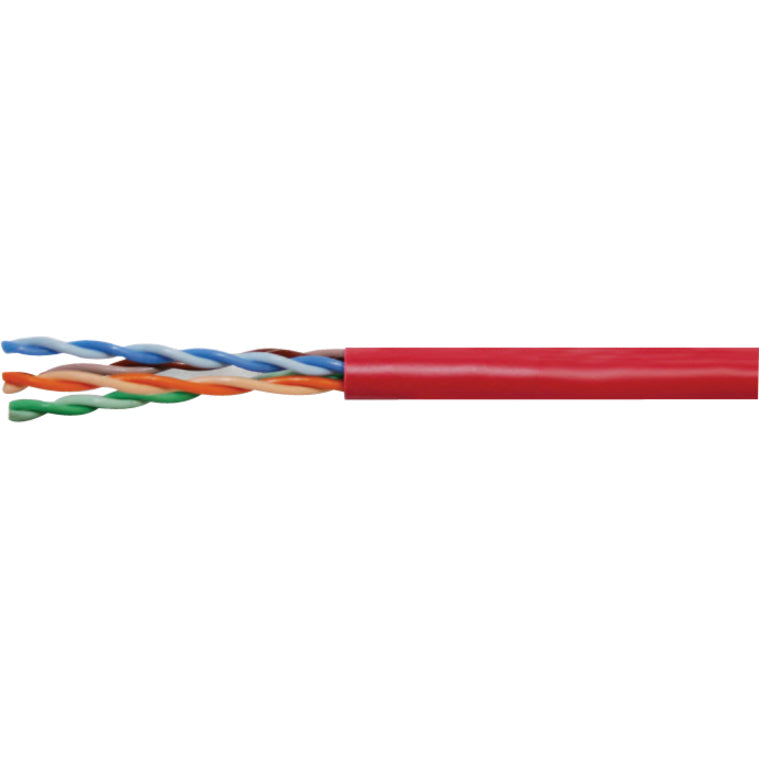 Close-up view of Superior Essex Cat6 UTP cable showing color-coded twisted pairs with red outer jacket