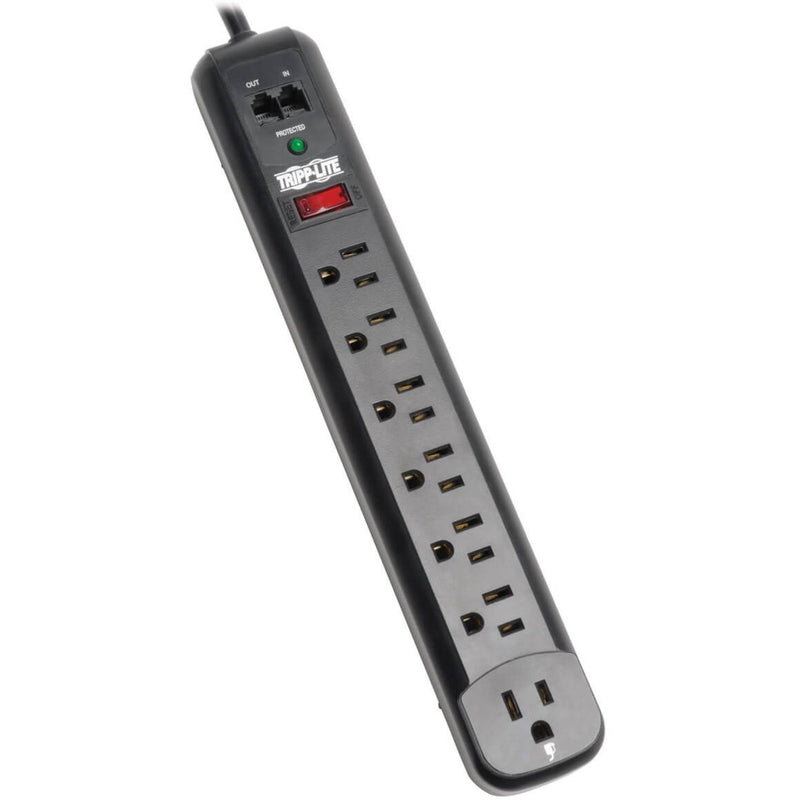 Tripp Lite TLP76RBTEL surge suppressor showing 7 outlets, RJ11 phone protection ports, and status indicators