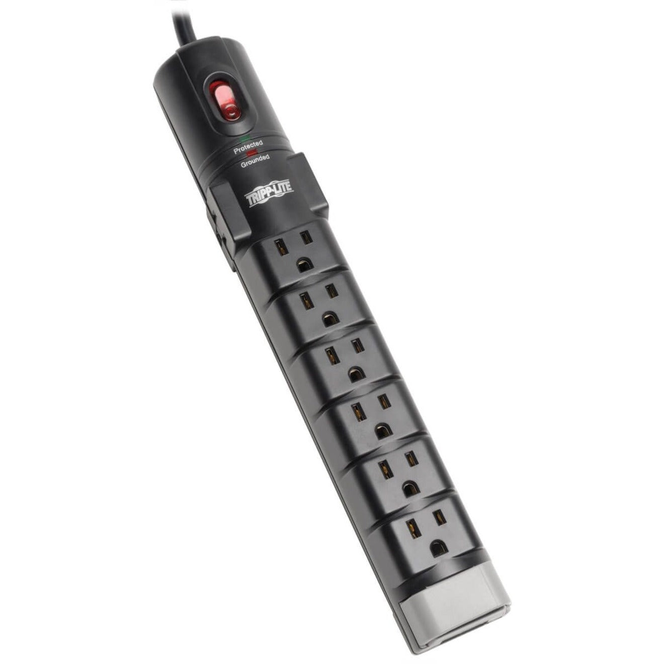 Tripp Lite TLP806TEL surge protector showing eight outlets and LED indicators in vertical orientation-alternate-image1