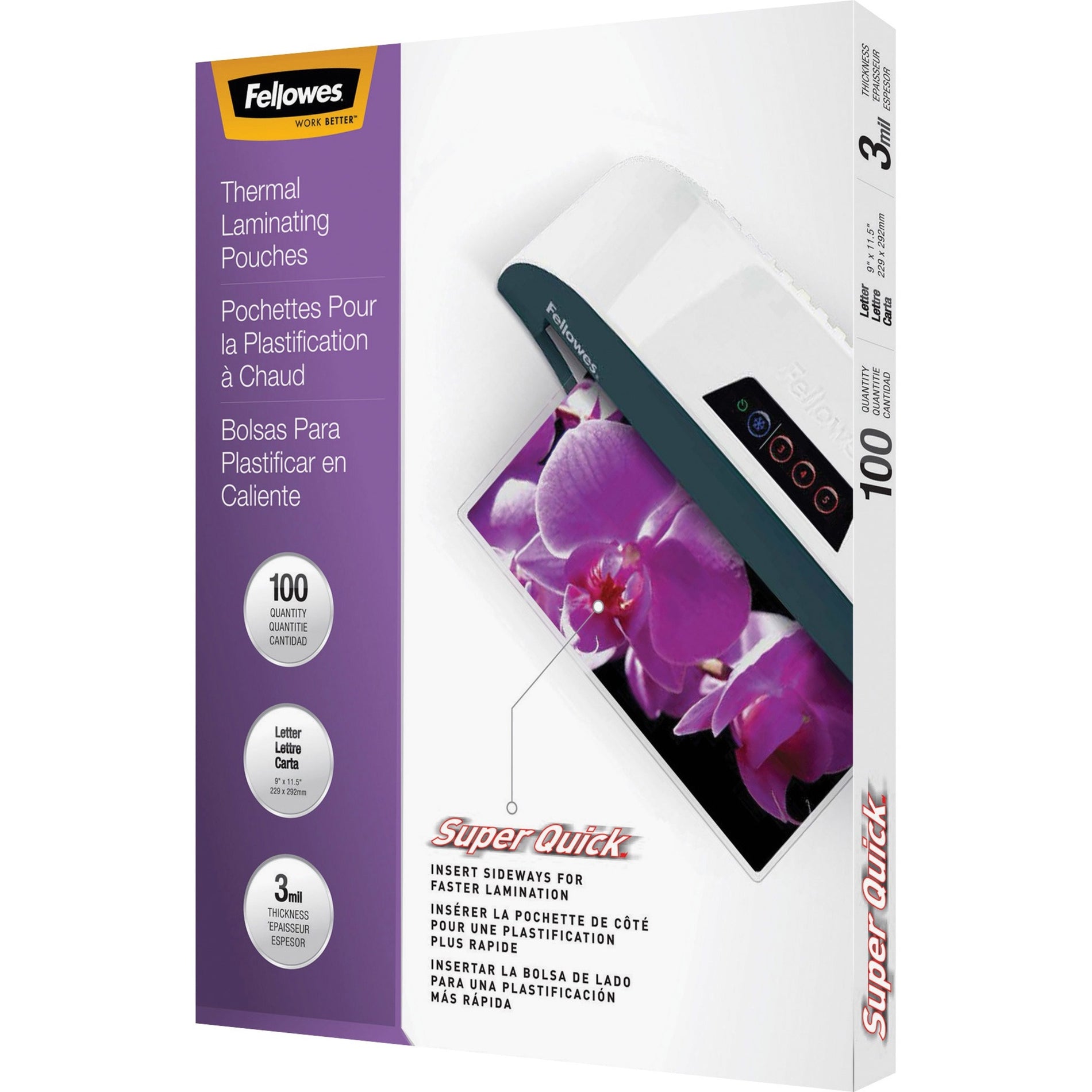 Fellowes SuperQuick laminating pouches product box showing purple design and orchid photo demonstration-alternate-image1