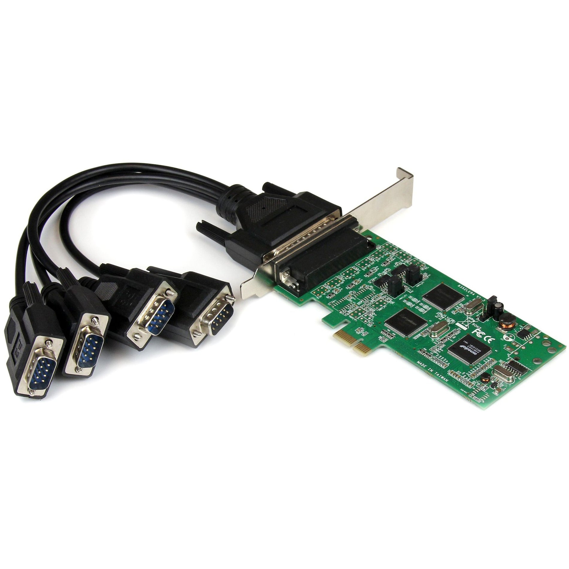 StarTech.com PCI Express serial card with breakout cable showing four DB-9 ports and PCIe interface-alternate-image1